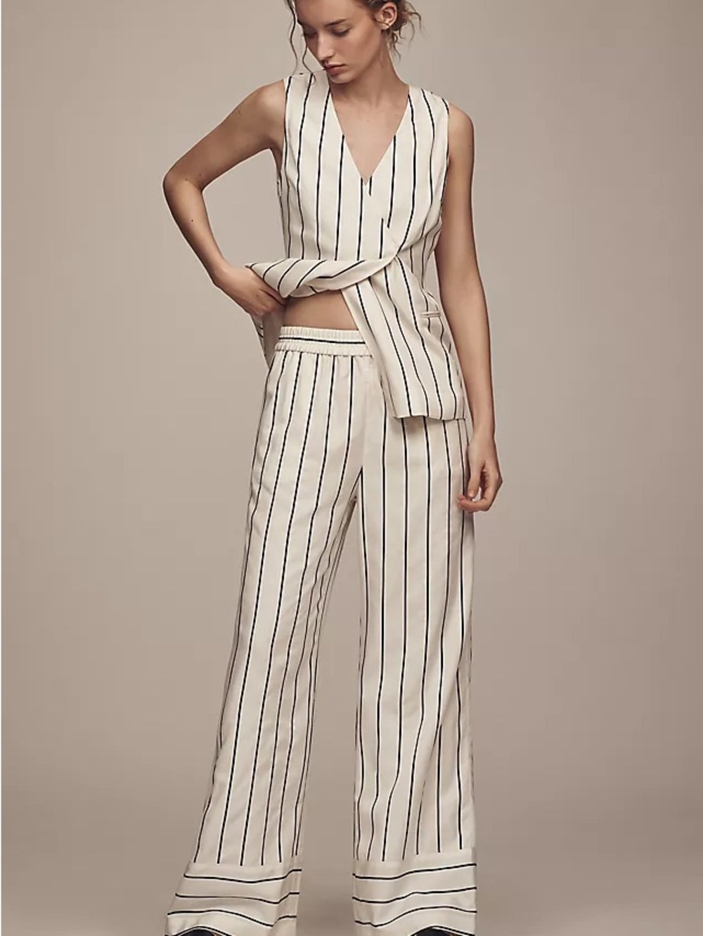 ALIGNE Eliora Striped Cream Vest and Wide-Leg Trousers Matching Set Size 4